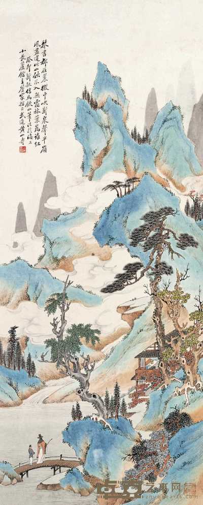 黄山寿 1903年作 青绿山水图 立轴 110×45cm